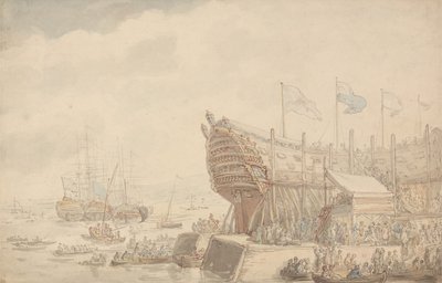 Sjösättningen av H.M.S. ”Hibernia” 1804 av Thomas Rowlandson