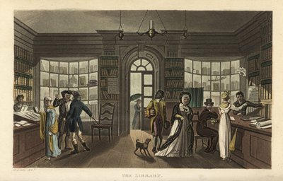 Biblioteket. Kunder, inklusive en kvinna och hennes svarta tjänare, tittar på nya böcker i ett cirkulerande bibliotek (kanske Ainsworths eller Saums eller Whitings). Handkolorerad kopparstick av Thomas Rowlandson efter en skiss av J. Green från Poetical S av Thomas Rowlandson