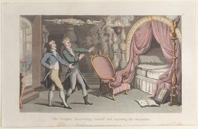 Profeten som upptäcker sig själv och avslöjar bedrägeriet, från Journal of Sentimental T..., 1821. av Thomas Rowlandson