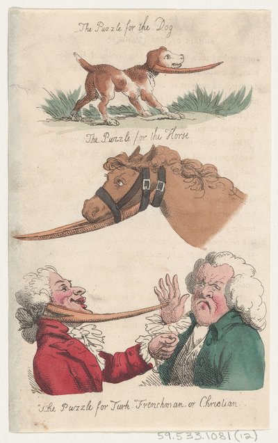 The Puzzle for the Dog, The Puzzle for the Horse, The Puzzle for Turk, Frenchman, or Chris..., 1808. av Thomas Rowlandson