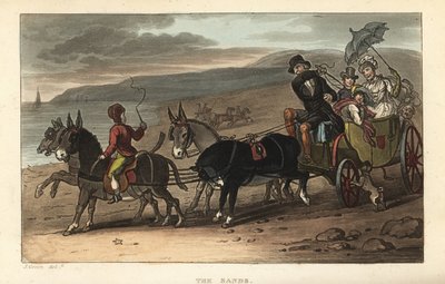 The Sands: turister i en baruch som dras av åsnor på stranden. Handkolorerad kopparstick av Thomas Rowlandson efter en skiss av J. Green från Poetical Sketches of Scarborough, Ackermann, London av Thomas Rowlandson