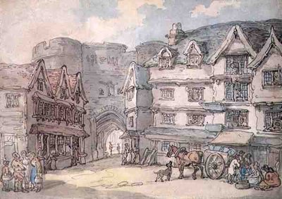 The South Gate, Exeter (penna, akvarell och penna på papper) av Thomas Rowlandson
