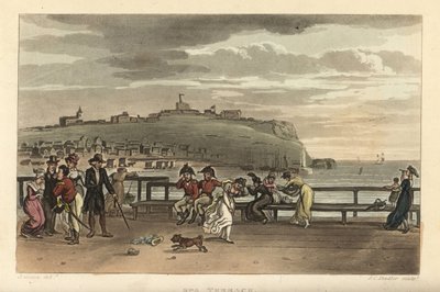 The Spa Terrace: turister som tar en promenad på en blåsig dag på Cliff Terrace. Handkolorerad kopparstick av Thomas Rowlandson, akvatint av J. C. Stadler, efter en skiss av J. Green från Poetical Sketches of Scarborough, Ackermann, London av Thomas Rowlandson