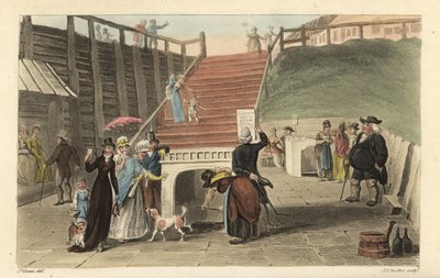 The Spa Wells: Turister som dricker spavattnet från brunnarna vid Scarborough Spaw. Handkolorerad kopparstick av Thomas Rowlandson, akvatint av J. C. Stadler, efter en skiss av J. Green från Poetical Sketches of Scarborough, Ackermann, London av Thomas Rowlandson