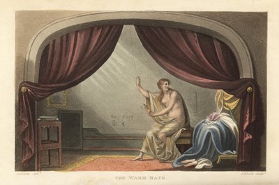 The Warm Bath: naken kvinna som tar ett bad bakom gardiner i ett Regency-rum. Sägs vara ett porträtt av Mary Robinson, älskarinna till kung George IV. Handkolorerad kopparstick av Thomas Rowlandson, akvatint av J. Bluck, efter en skiss av J. Green från P av Thomas Rowlandson