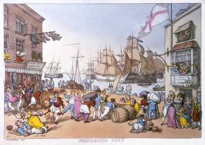 Distriktet Portsmouth, skämtteckning som beskriver verksamheten i denna engelska hamn av Thomas Rowlandson