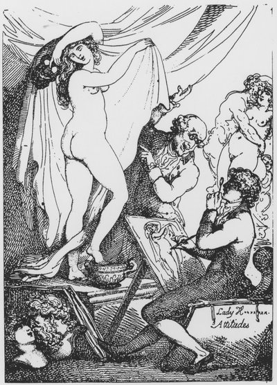 Den blivande Lady Hamilton poserar som Hygeia, hälsans gudinna, i Dr James Grahams Aesculapiustempel. av Thomas Rowlandson