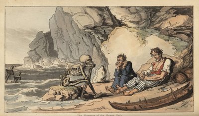 Skelettfiguren Döden sitter på en strand med två skeppsbrutna sjömän. Handfärgad kopparplåt tecknad och graverad av Thomas Rowlandson från The English Dance of Death, Ackermann, London av Thomas Rowlandson