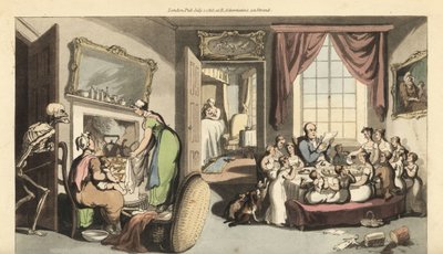 Dödens skelett dyker upp i vardagsrummet i en stor familj för att ta ett barn eller nyfödd bebis. Handfärgad kopparplåt tecknad och graverad av Thomas Rowlandson från The English Dance of Death, Ackermann, London av Thomas Rowlandson