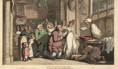 Dödens skelett som en präst som firar bröllopet mellan en ung kvinna och en ful gammal man. Handfärgad kopparplåt tecknad och graverad av Thomas Rowlandson från The English Dance of Death, Ackermann, London av Thomas Rowlandson