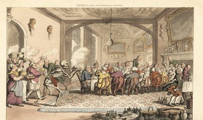 Dödens skelett tar med en ödesdiger delikat maträtt till en frossande fest i en storslagen sal. Handfärgad kopparplåt tecknad och graverad av Thomas Rowlandson från The English Dance of Death, Ackermann, London av Thomas Rowlandson