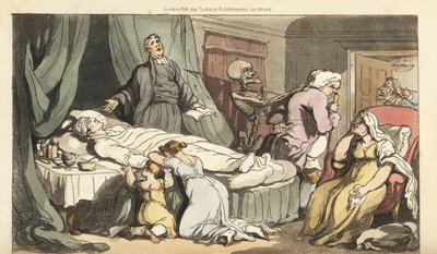 Dödens skelett kommer för doktorn, när prästen ber över den döda kroppen av en god man som sörjs av hans fru och barn. Handfärgad kopparplåt tecknad och graverad av Thomas Rowlandson från The English Dance of Death, Ackermann, London av Thomas Rowlandson