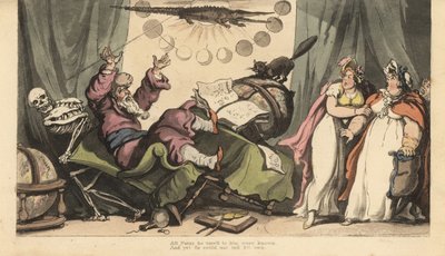 Dödens skelett kommer för spådamen i hans rum dekorerat med planetglober, astrologiböcker och krokodil. Två kvinnliga klienter tittar på i skräck. Handfärgad kopparplåt tecknad och graverad av Thomas Rowlandson från The English Dance of Dea av Thomas Rowlandson