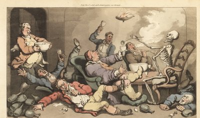 Skelettet av Dödens skänkar slår in i ett glas av en Toastmaster med gikt på en häftig georgisk drinkfest. Handfärgad kopparplåt tecknad och graverad av Thomas Rowlandson från The English Dance of Death, Ackermann, London av Thomas Rowlandson