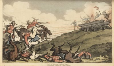 Dödens skelett avfyrar en störtflod av kanoneld mot en engelsk kavalleriladdning. Handfärgad kopparplåt tecknad och graverad av Thomas Rowlandson från The English Dance of Death, Ackermann, London av Thomas Rowlandson