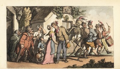 Dödens skelett får en ung rekryt att gå med i armén och lämnar sin flicka och familj bakom sig. Handfärgad kopparplåt tecknad och graverad av Thomas Rowlandson från The English Dance of Death, Ackermann, London av Thomas Rowlandson