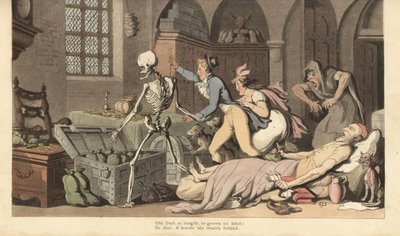 Dödens skelett leder giriga barn till guldstammen på en snålhet, som ligger död på en säng med ett testamente och en påse med pengar. Handfärgad kopparplåt tecknad och graverad av Thomas Rowlandson från The English Dance of Death, Ackermann, London av Thomas Rowlandson
