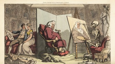 Dödens skelett målar ett porträtt av en Alderman, medan hans unga tjänarinna flirtar med en galant konstnär bakom skärmen. Handfärgad kopparplåt tecknad och graverad av Thomas Rowlandson från The English Dance of Death, Ackermann, London av Thomas Rowlandson