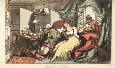 Dödens skelett häller upp ett fatalt glas vin åt den gamle dåren Sir Peter på sin smekmånad, medan hans unga fru Julia flirtar med major Henry vid fönstret. Handfärgad kopparplåt tecknad och graverad av Thomas Rowlandson från The English Dance of Death, A av Thomas Rowlandson