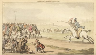 Dödens skelett åker med en man mot vadhållningsplatsen på en kapplöpningsbana, medan barn spelar ett parti lotto. Handfärgad kopparplåt tecknad och graverad av Thomas Rowlandson från The English Dance of Death, Ackermann, London av Thomas Rowlandson