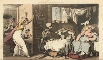 Dödens skelett vaggar en babys vagga medan barnskötaren sover och den upprörda mamman kommer hem. Handfärgad kopparplåt tecknad och graverad av Thomas Rowlandson från The English Dance of Death, Ackermann, London av Thomas Rowlandson