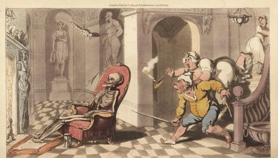Dödens skelett sitter i portvaktstolen i ett stort hus, när de skräckslagna tjänarna kommer ner för trappan för att undersöka. Handfärgad kopparplåt tecknad och graverad av Thomas Rowlandson från The English Dance of Death, Ackermann, London av Thomas Rowlandson