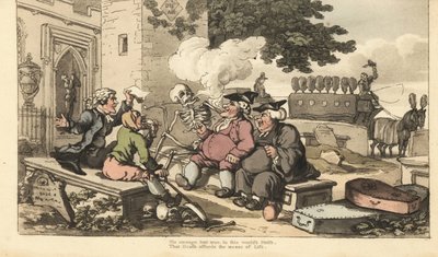 Dödens skelett ryker pipa på en gravsten med män som livnär sig på döden – präst, gravare, begravningsentreprenör, klockare, likbilschaufför och advokat. Kyrkogårdsdebatten. Handkolorerad kopparplåt tecknad och graverad av Thomas Rowlandson från av Thomas Rowlandson