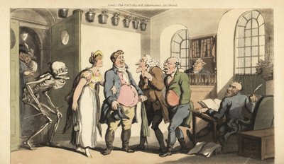 Dödens skelett överraskar Ned Freeman när han besöker försäkringskassan och lämnar sin änka med en enorm summa. Handfärgad kopparplåt tecknad och graverad av Thomas Rowlandson från The English Dance of Death, Ackermann, London av Thomas Rowlandson