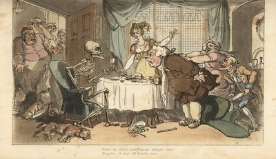 Dödens skelett med pil och timglas kommer för frossaren när han kalasar vid middagen. Handfärgad kopparplåt tecknad och graverad av Thomas Rowlandson från The English Dance of Death, Ackermann, London av Thomas Rowlandson