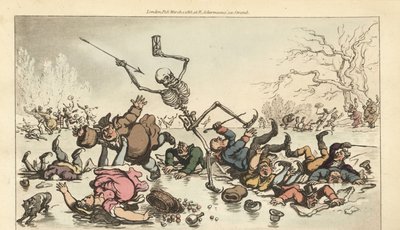 Dödens skelett med pil- och timglasåkning på en frusen damm när andra skridskoåkare faller genom den brutna isen. Handfärgad kopparplåt tecknad och graverad av Thomas Rowlandson från The English Dance of Death, Ackermann, London av Thomas Rowlandson