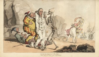 Dödens skelett med timglas och pil kommer för en Pierrot och andra clowner, medan en harlekin dansar med en kvinna på en strand. Handfärgad kopparplåt tecknad och graverad av Thomas Rowlandson från The English Dance of Death, Ackermann, London av Thomas Rowlandson
