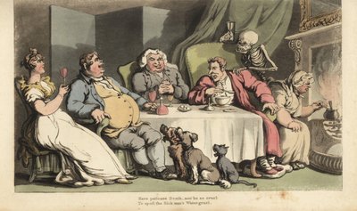 Dödens skelett med timglas kommer för den sjuke mannen när han äter välling vid matbordet med sina dryckeskompisar framför den öppna spisen. Handfärgad kopparplåt tecknad och graverad av Thomas Rowlandson från The English Dance of Death, Ackerman av Thomas Rowlandson