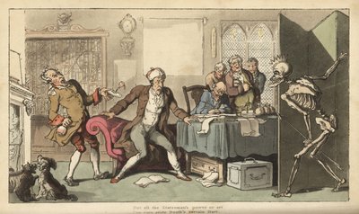Statsmannen på hans kontor är överraskad av Dödens skelettfigur med sin krona och pil som dyker upp bakom en skärm. Handfärgad kopparplåt tecknad och graverad av Thomas Rowlandson från The English Dance of Death, Ackermann, London av Thomas Rowlandson
