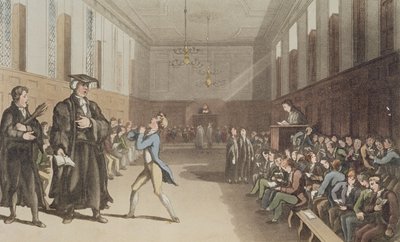 Den stränga läraren, med sin hotfulla nick, ropar in den kloka korrigeringen av staven, från A Compendious Treatise on Modern Education, 1802 (handfärgad etsad platta) av Thomas Rowlandson