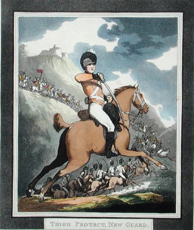 Thigh Protect, New Guard, från "Hungarian and Highland Broadsword", publicerad 1798 (akvatint) av Thomas Rowlandson