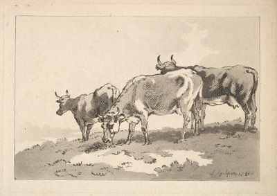 Tre kor som står på kanten av ett fält, 1784-87. av Thomas Rowlandson