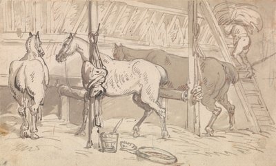 Tre hästar i boxar av Thomas Rowlandson