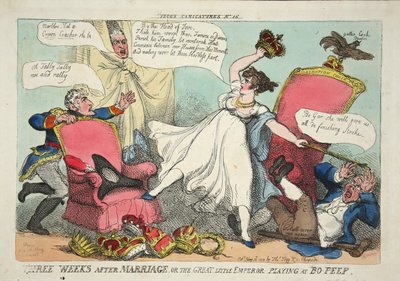 Tre veckor efter äktenskapet, eller den store lilla kejsaren som spelar Bo-Peep, pub. 1810 (handfärgad gravyr) av Thomas Rowlandson
