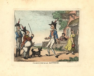 Tre soldater i uniform paraderar utanför en krog. av Thomas Rowlandson