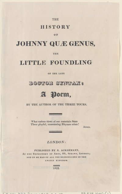 Titelsida, från The History of Johnny Quae Genus, The Little Foundling of the Late Docto..., 1822. av Thomas Rowlandson