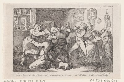 Tom Jones & the Landlord, Partridge & Susan, Mrs Waters & the Landlady, från The History ..., 1792. av Thomas Rowlandson
