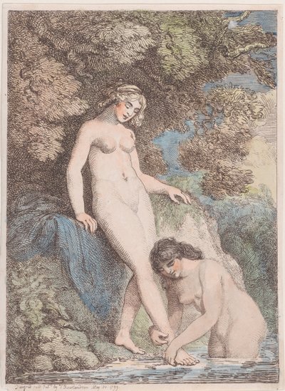 Två nymfer som badar, den ena tvättar den andres fot, 20 maj 1799, 20 maj 1799. av Thomas Rowlandson
