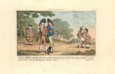 Två Regency-herrar på väg att utkämpa en duell med pistoler. av Thomas Rowlandson