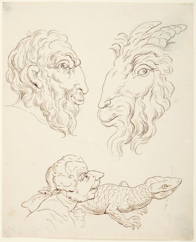 Två karikatyrer: en man och en get, en man och en ödla av Thomas Rowlandson