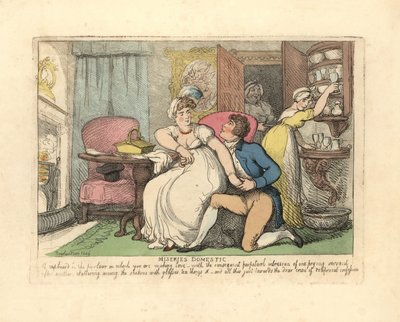 Två älskare i en salong som störs av nyfikna pigor. av Thomas Rowlandson
