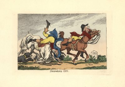 Två män ramlar av sina hästar efter att ha visat upp sig. Skryta. av Thomas Rowlandson