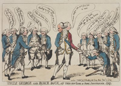Farbror George och Black Dick i sin nya omgång av ”Naval Shuttlecock” av Thomas Rowlandson