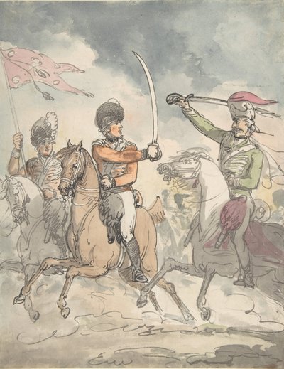 Oanvänd studie för en tallrik till Ungerska och Highland Broadsword Exercise 12 februari 1799, ca 1799. av Thomas Rowlandson.