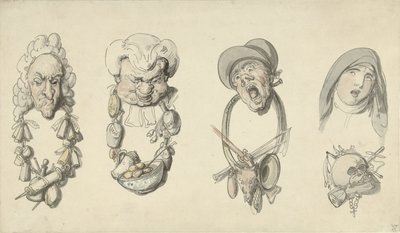 Fyra karikatyrliknande rubriker av Thomas Rowlandson