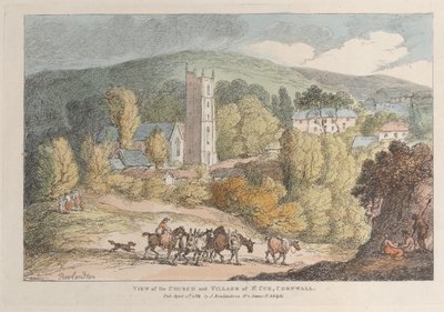 Utsikt över kyrkan och byn St. Cue, Cornwall, från Views in Cornwall, A..., 12 april 1812. av Thomas Rowlandson
